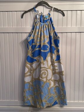 J. McLaughlin Maria Halter Dress in Abstract Blue & Tan Floral - Catalina Cloth